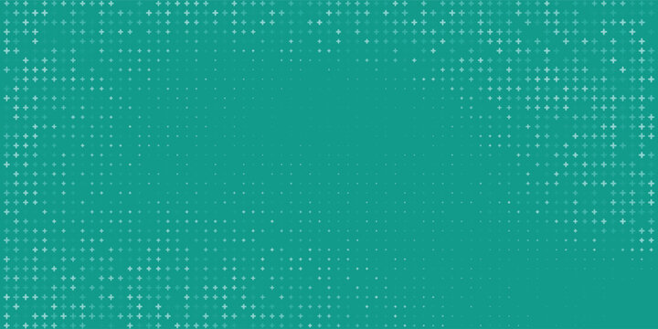 Seamless repeating pattern with evenly distributed white cross icons in various sizes and transparency. Flat vector design on turquoise background with subtle star accents. EPS10