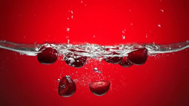 Vibrant red cherries gracefully plunging into crystal clear water, creating dynamic splashes and refreshing ripples against a rich crimson background, symbolizing freshness and vitality