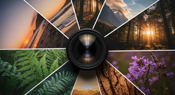 Collage of vibrant nature photography showcasing diverse landscapes and a camera lens, symbolizing creativity and exploration