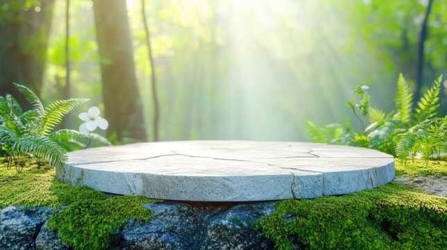 Stone podium at magic forest, Serene scenic environment outdoors with flowing wet motion over small leaf and grass, smooth clean sunlight creating peaceful calmness beauty tour
