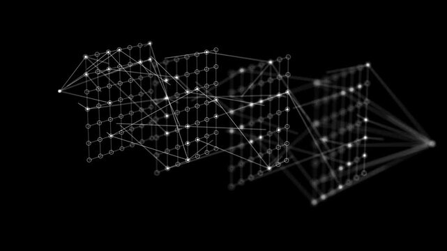 3D Animation of a Deep Learning Neural Network, Loops.
An abstract visualization of an artificial intelligence (AI) neural network with glowing nodes and connecting lines.