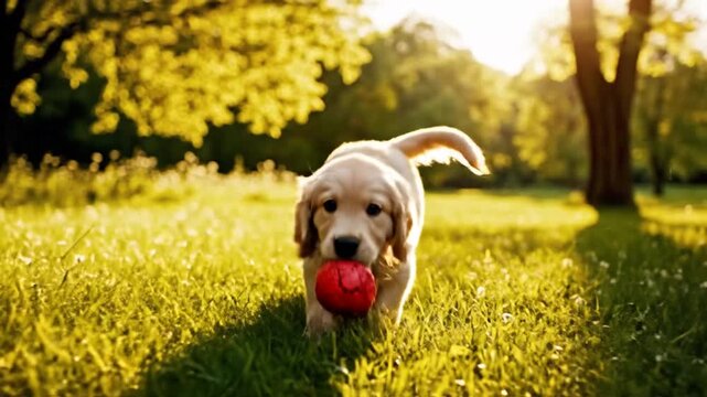 Golden retriever puppy playing with red ball in sunny green field