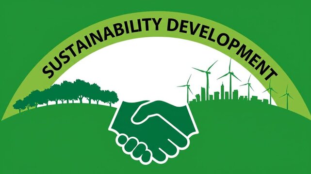 Sustainable development illustration with handshake trees city skyline wind turbines symbol for environmental responsibility green energy urban growth future balance ecology concept