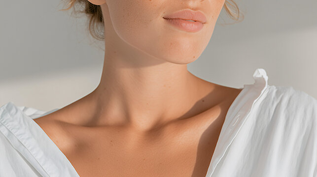 Elegant female profile and d&eacute;collet&eacute; soft lighting advertising scene for cosmetics and apparel