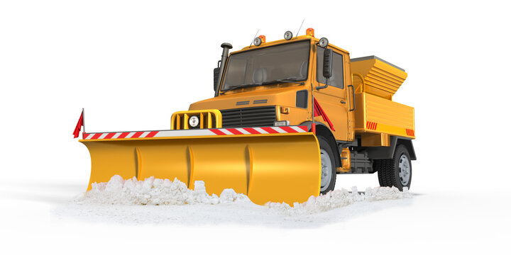 Moderner Schneepflug, Strassenreinigung mit Streusalz Container in Orange auf transparenten Hintergrund. 3d Illustration