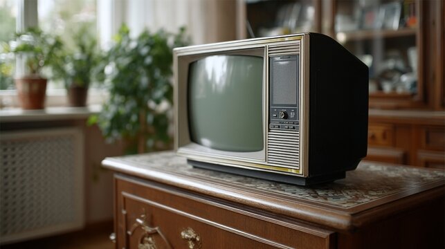 Vintage crt television on wooden dresser in cozy living room, nostalgic retro home decor and analog media mood, ideal for interior design and throwback storytelling