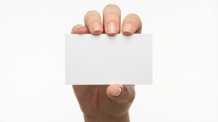 Obraz premium Female hand holding up a blank white business card isolated on white background for contact or corporate identity mockup design.
