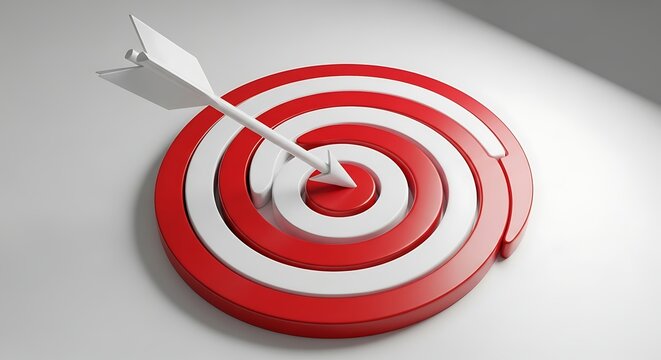 White arrow hitting the center of a red and white target isolated on white background