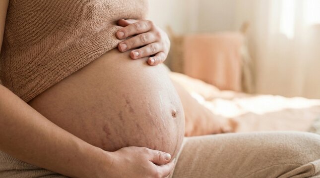 Pregnant belly with stretch marks showing natural body skin changes indoors