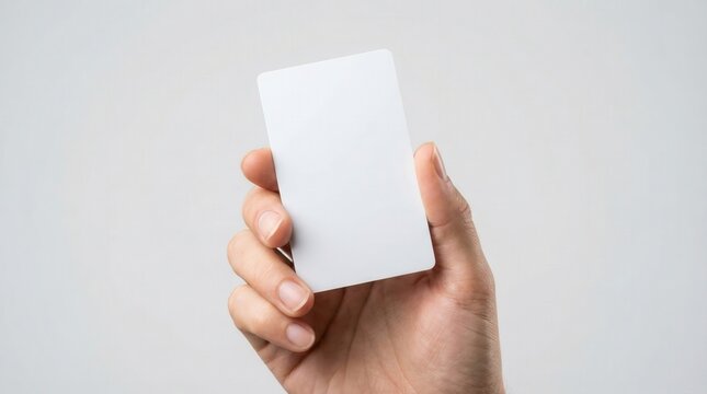 Blank white plastic card held by a human hand in a studio setting with copy space for corporate branding or payment concept.