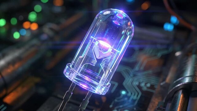 Glowing blue light emitting diode component shining brightly over abstract digital circuitry background