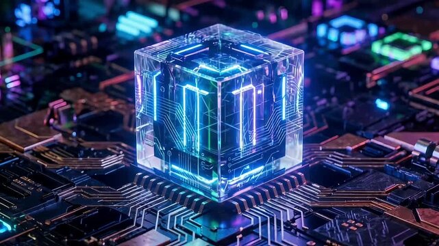 Glowing quantum computing core generates powerful blue electrical energy on an advanced futuristic motherboard