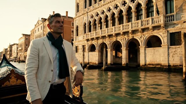 Man rides gondola in venice canal. Stylish man stands on boat by palazzo. Tourist enjoys travel and city architecture. Calm water reflects building and sky. Vacation urban romance. Quiet romance mood.