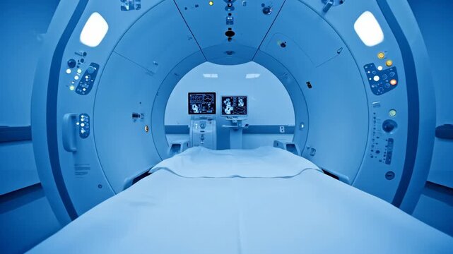 modern computed tomography scanner in blue hospital laboratory. medical equipment for diagnosis and radiology. clinical interior with mri machine and computer screen.