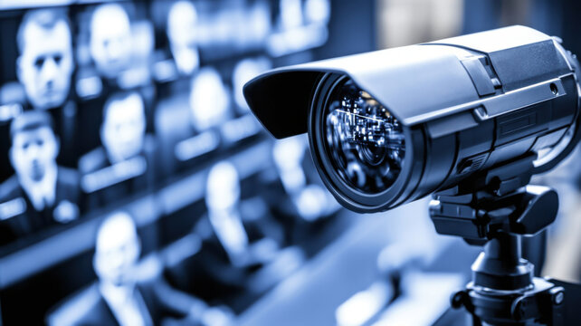 Real-time courtroom surveillance interface with transparent overlay and facial scans displaying legal compliance