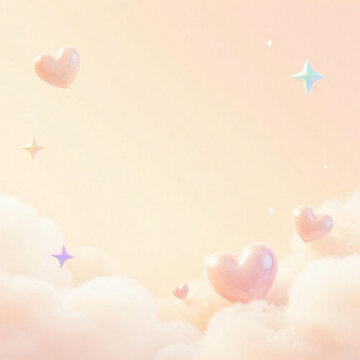 Pastel dreamy sky with floating glossy heart balloons, soft clouds and magical sparkles
