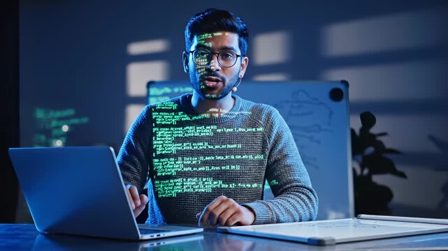 Developer works with hologram code projection on face at laptop desk. Programmer sees futuristic code overlay. Developer with hologram projection uses laptop. Code appears as futuristic display.
