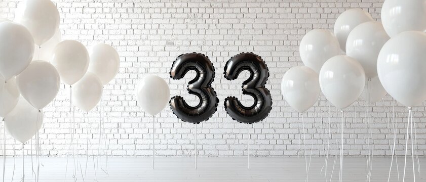 Black 33 Number Balloons with White Balloons on Bright Background