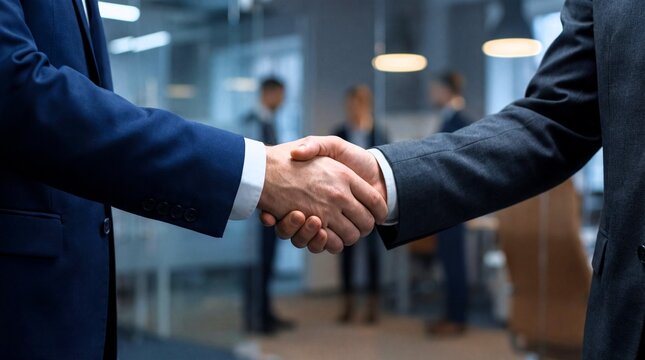 Business professionals finalize a successful partnership agreement with a firm handshake in a modern corporate office setting