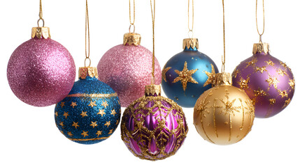 Colorful Christmas Ornaments Hanging Isolated on White Background