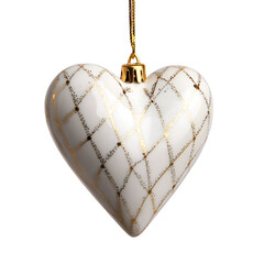 White ceramic heart Christmas ornament with gold crackle glaze hanging on tree