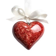Red glitter heart Christmas ornament with white satin ribbon isolated on white background