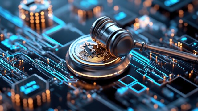 High-tech legal archive displaying a judge's gavel on a digital pedestal with a 3d blockchain explorer and glowing block IDs