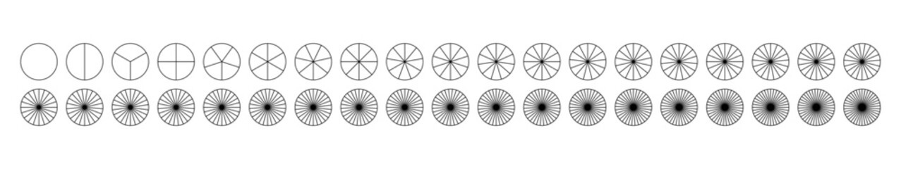 Sectors divide the circle on equal parts. Coaching blank. Segmented charts. Pie chart templates Parts of diagram wheel from 1 to 38. Outline black graphics. Set of pie charts, pizza charts. Segments.