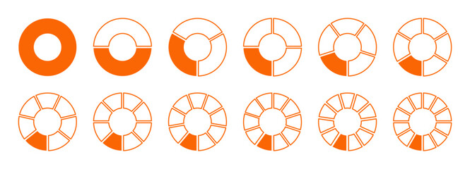 Graph icon pie, pizza shape orange section charts. Circles orange-white diagram divided to 12 equal parts. Orange coaching blank template. Set of segments wheel round divide infographic.