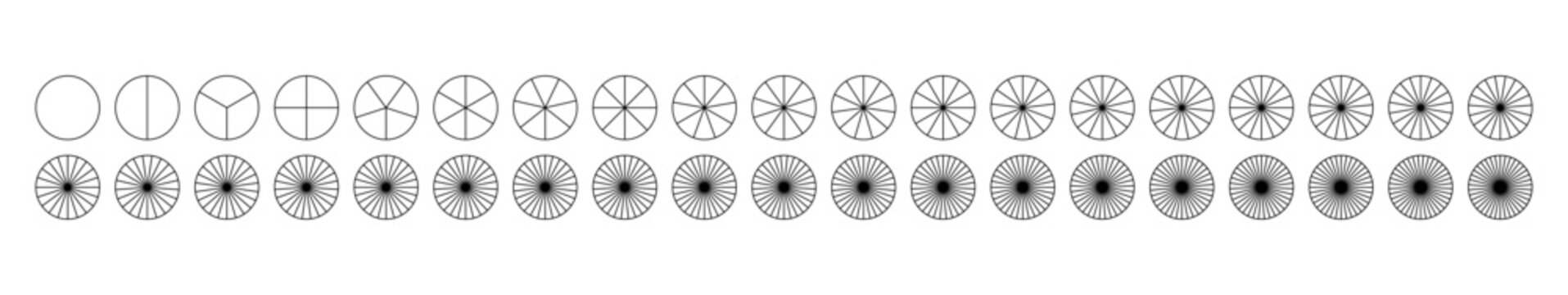 Sectors divide the circle on equal parts. Coaching blank. Segmented charts. Pie chart templates Parts of diagram wheel from 1 to 38. Outline black graphics. Set of pie charts, pizza charts. Segments.