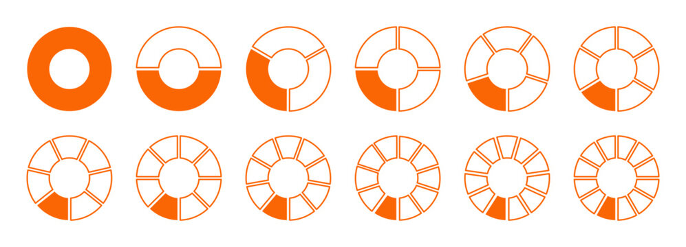 Graph icon pie, pizza shape orange section charts. Circles orange-white diagram divided to 12 equal parts. Orange coaching blank template. Set of segments wheel round divide infographic.