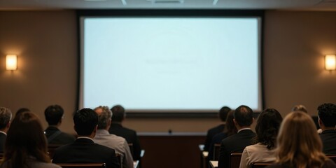 Public flou lors d&rsquo;un s&eacute;minaire professionnel dans un auditorium de conf&eacute;rence avec espace de copie