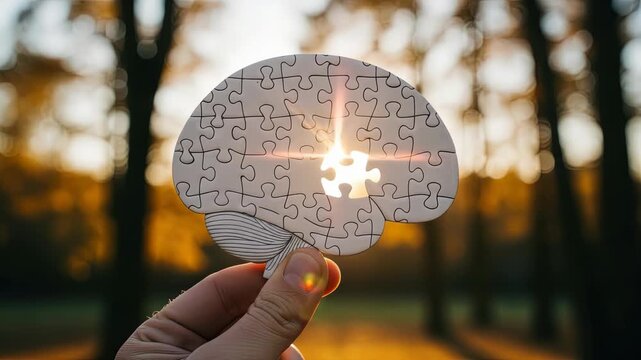 Hand holding puzzle brain with sunset background