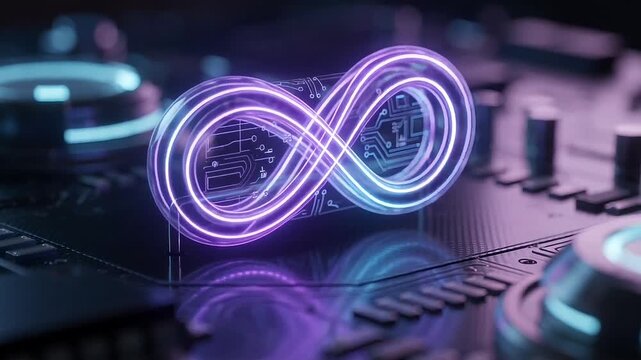 Neon glowing infinity symbol representing continuous software development cycles on a motherboard