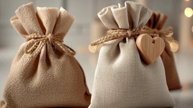 Valentine's day in eco friendly concept.eco valentine gift bag fabric heart wooden rustic neutral decoration romantic natural cloth pouch jute linen sustainable packaging cozy holiday love decor glow