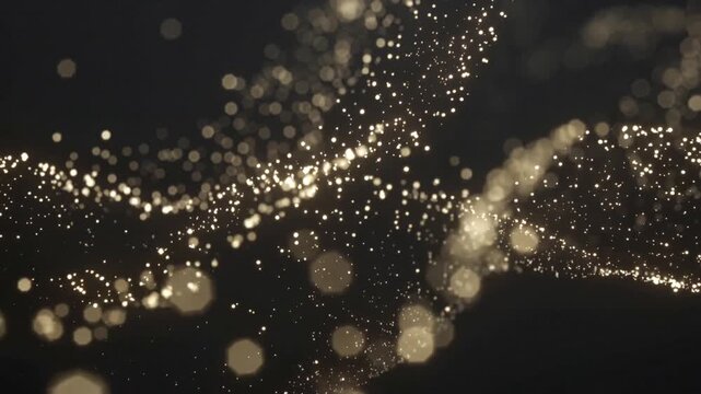 Abstract golden background with flowing glitter particles moving in elegant wave pattern digital motion graphics design for premium luxury presentation.