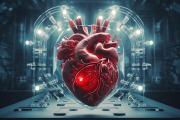 Human heart integrated into a futuristic medical device in a lab setting