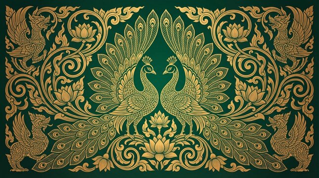 Intricate Peacock Pattern in Gold: An ornate and exquisite gold peacock pattern set against a deep emerald backdrop, the design showcases detailed feathers, and floral accents, symbolizing elegance.