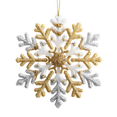 Gold and silver glitter snowflake Christmas ornament hanging on white background