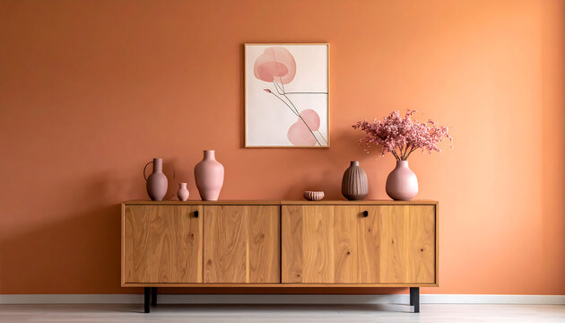 Interior scene with decorative objects and pink vases on a wooden sideboard against an orange wall.