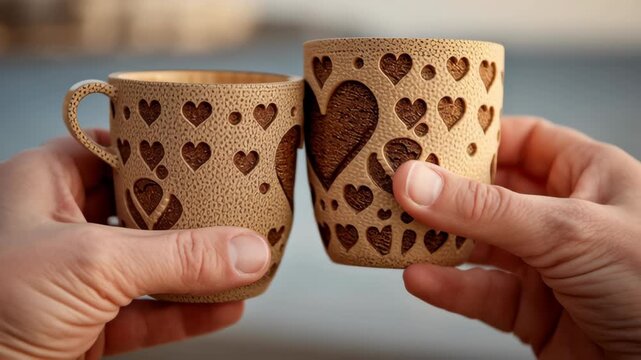 Valentine's day in eco friendly concept.eco valentine wooden mug heart carving love couple hand romance in warm light, bamboo cup toast, carved pattern glows softly, cozy sustainable gift moment