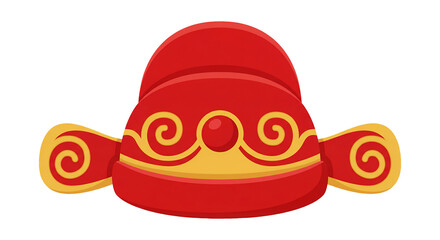 Fototapeta premium A vibrant red traditional Chinese hat adorned with golden swirl patterns and a central red jewel, often associated with cultural celebrations.