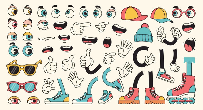A collection of cartoon character elements including eyes, mouths, hands, legs, hats, and roller skates, perfect for animation and design.