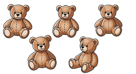 Obraz premium Five adorable cartoon teddy bears, each with stitched details and a friendly expression, are depicted against a white background.