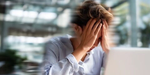 Young woman feeling stressed and frustrated while working on laptop  