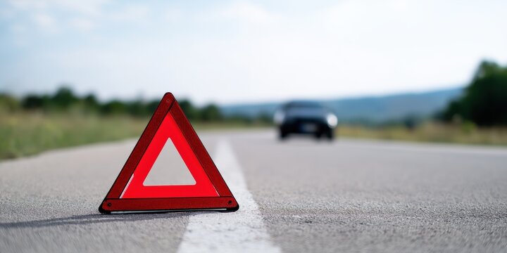 Warning triangle on roadside with blurred car in background  