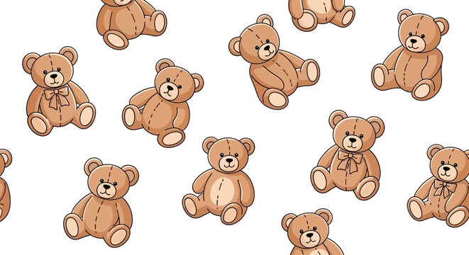 A delightful pattern featuring numerous adorable teddy bears in various playful poses against a clean white background.