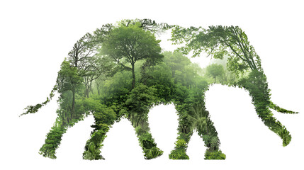 Green forest elephant silhouette made of trees and foliage in misty sunlight
