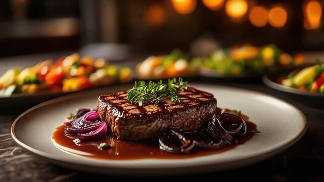 Grilled beef steak served with caramelized onions on gourmet restaurant plate, representing premium meat dining, fine cuisine presentation, and luxury dinner experience.