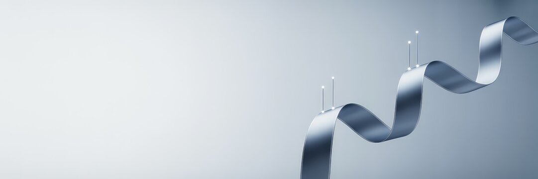 Minimal blue gradient wide banner with metallic ribbon roadmap and glowing milestone pins, clean copy space for business strategy presentation header